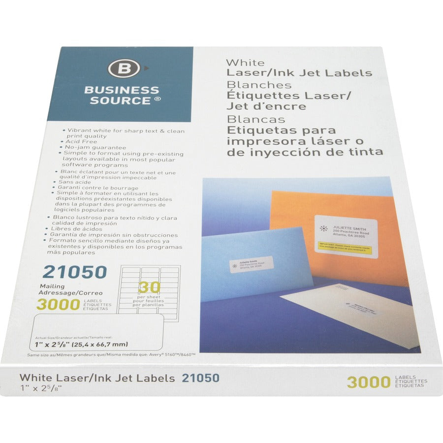 Business Source Bright White Premium-quality Address Labels - 1" Width x 2 5/8" Length - Permanent Adhesive - Rectangle - Laser, Inkjet - White - 30 / Sheet - 100 Total Sheets - 3000 / Pack - Jam-free