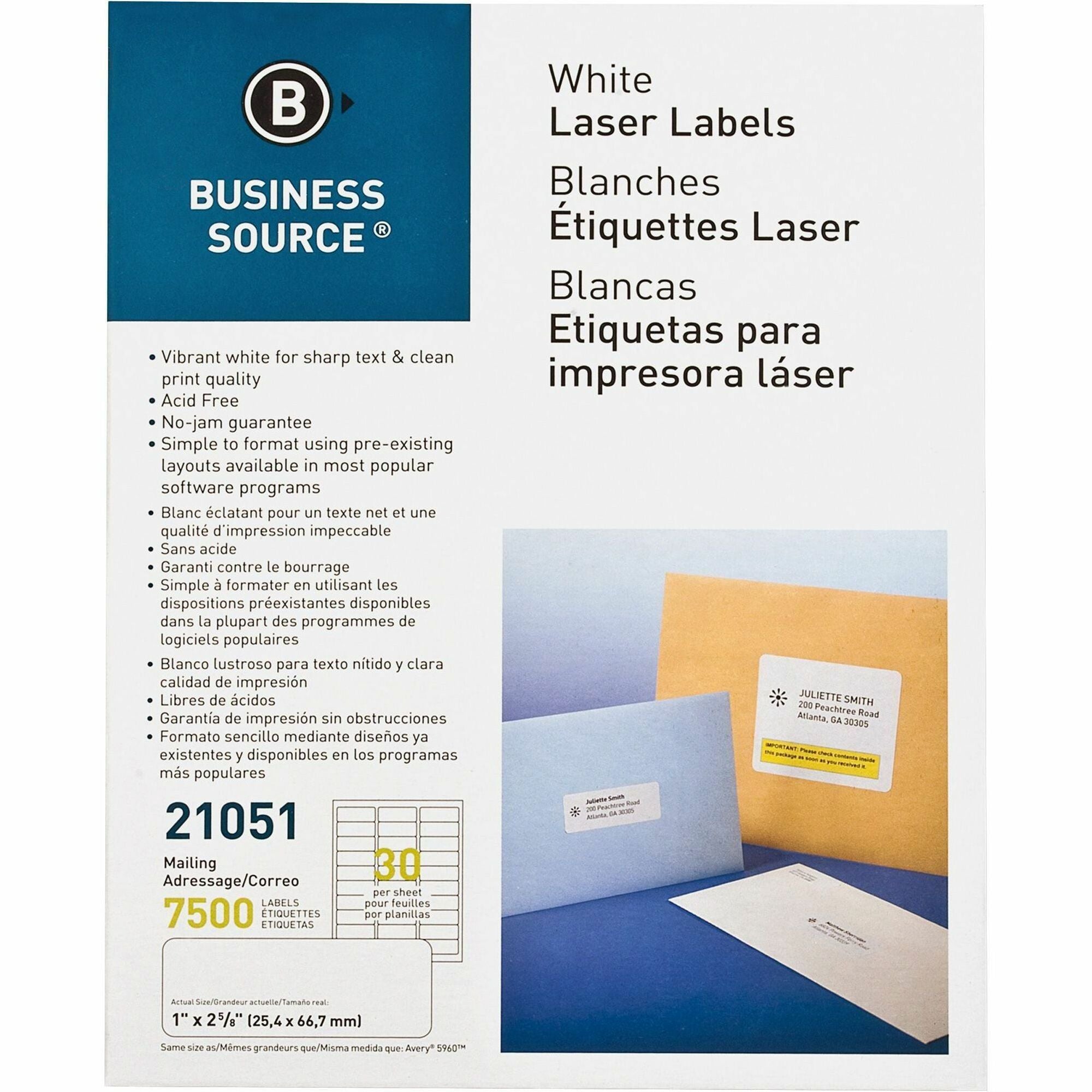 Business Source Bright White Premium-quality Address Labels - 1" Width x 2 5/8" Length - Permanent Adhesive - Rectangle - Laser, Inkjet - White - 30 / Sheet - 250 Total Sheets - 7500 / Pack - Jam-free - 