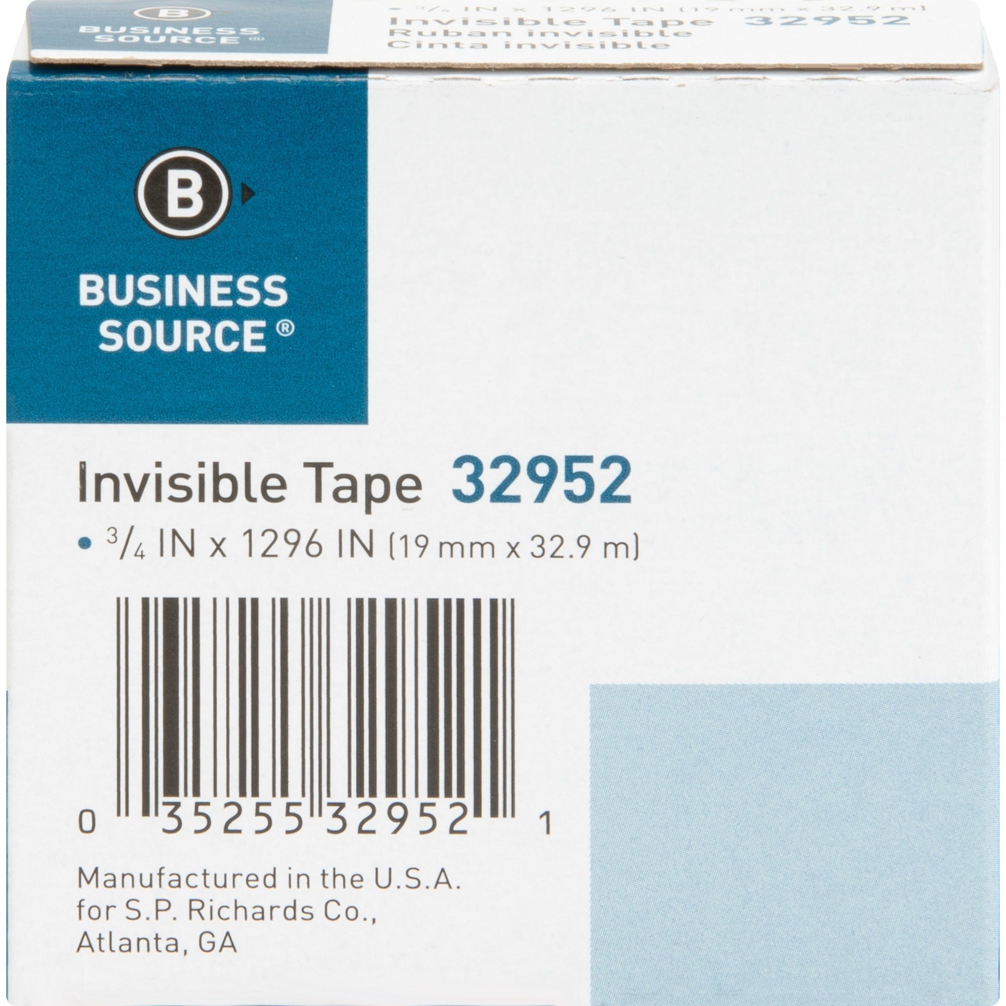 Business Source Invisible Tape Dispenser Refill Roll - 36 yd Length x 0.75" Width - 1" Core - For Mending, Splicing, Holding - 1 / Roll - Clear - 