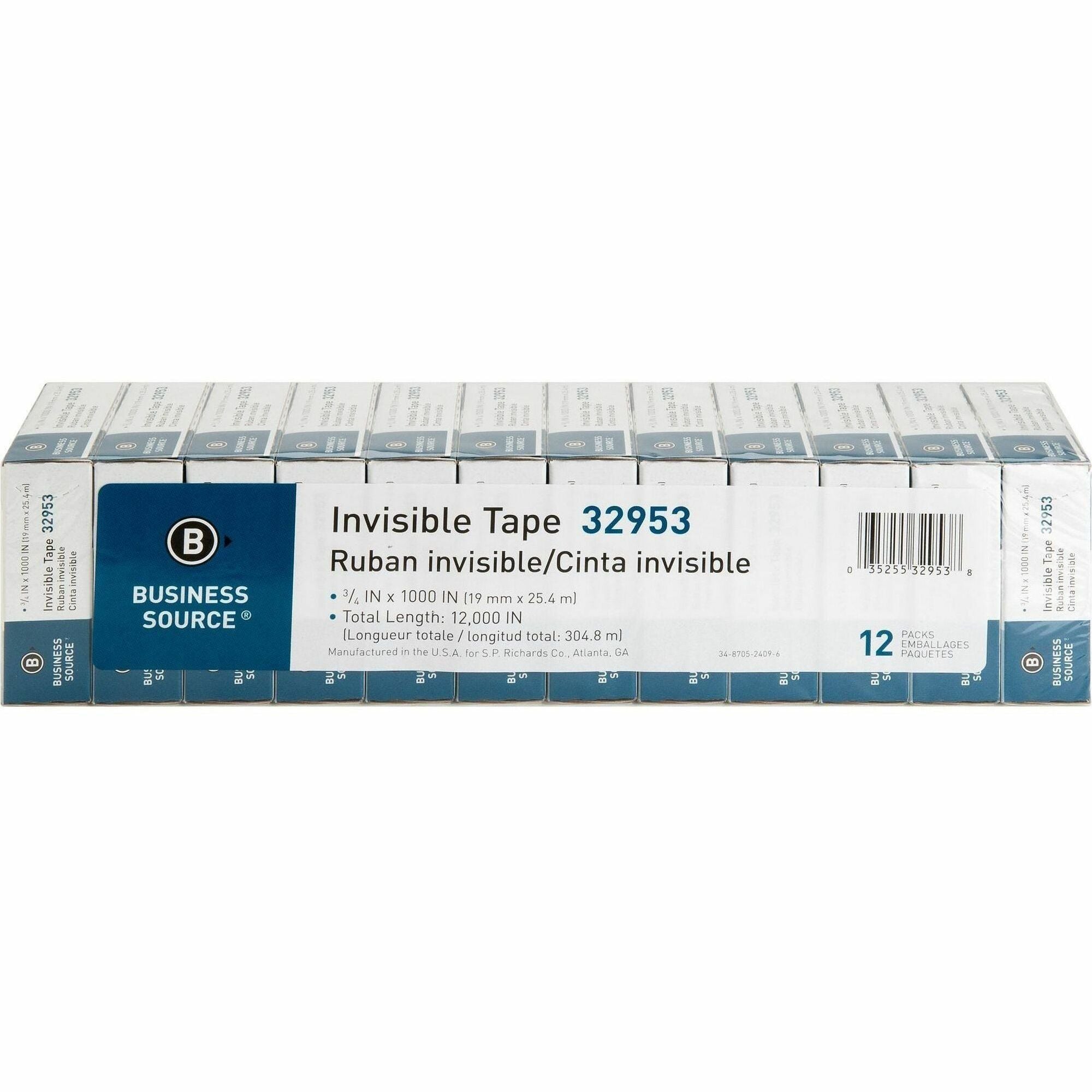 Business Source Premium Invisible Tape Value Pack - 27.78 yd Length x 0.75" Width - 1" Core - For Multipurpose, Splicing, Mending, Holding - 12 / Pack - Clear