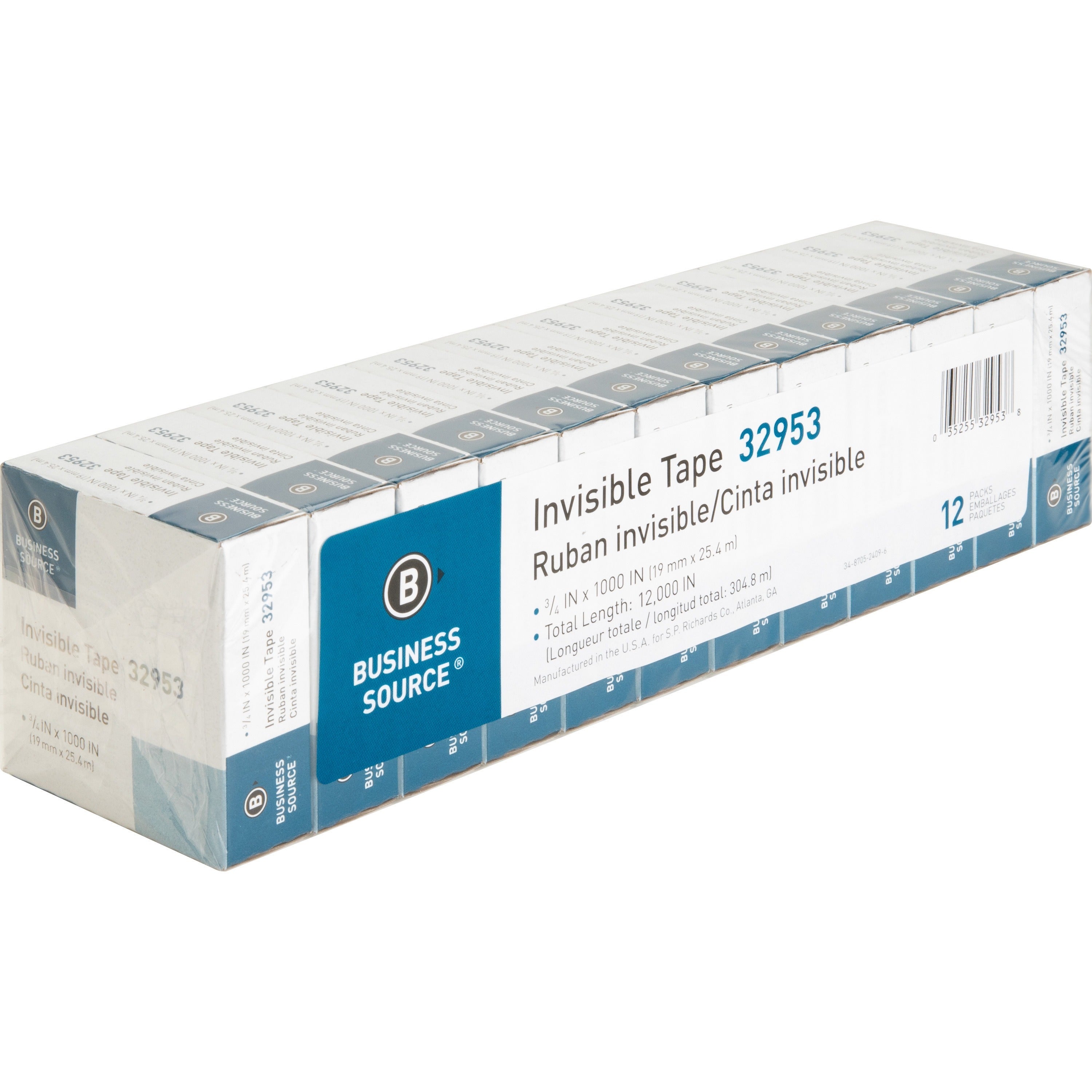 Business Source Premium Invisible Tape Value Pack - 27.78 yd Length x 0.75" Width - 1" Core - For Multipurpose, Splicing, Mending, Holding - 12 / Pack - Clear - 