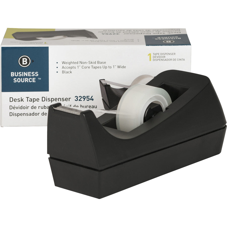 Business Source Standard Desktop Tape Dispenser - 1" Core - Non-skid Base - Plastic - Black - 1 Each - 