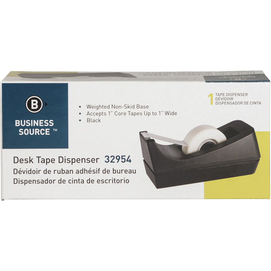Business Source Standard Desktop Tape Dispenser - 1" Core - Non-skid Base - Plastic - Black - 1 Each - 