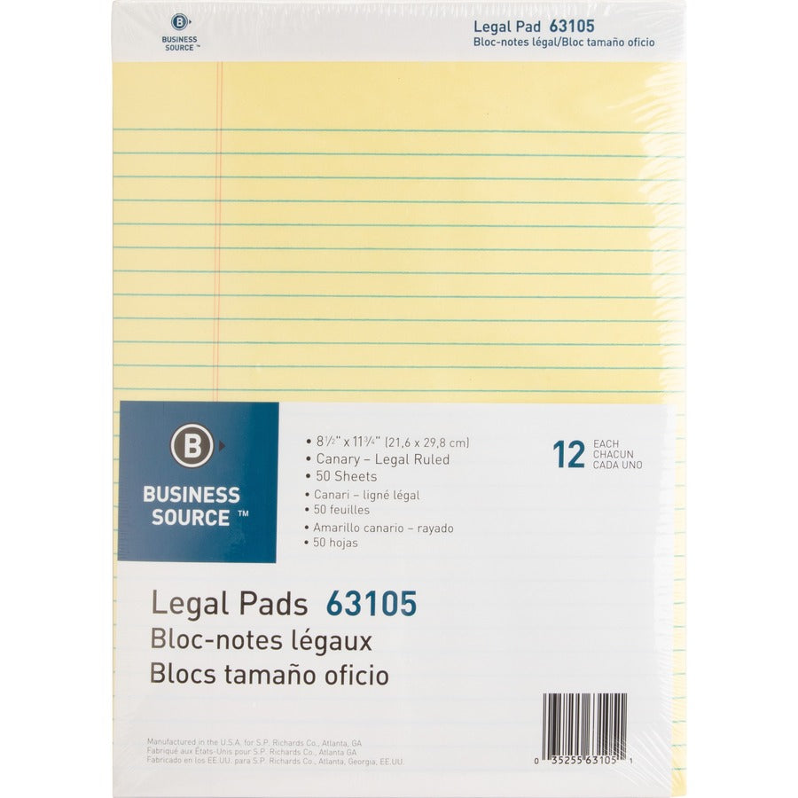 Business Source Micro-Perforated Legal Ruled Pads - 50 Sheets - 0.34" Ruled - 16 lb Basis Weight - 8 1/2" x 11 3/4" - Canary Paper - Micro Perforated, Easy Tear, Sturdy Back - 1 Dozen