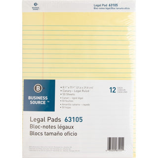 Business Source Micro-Perforated Legal Ruled Pads - 50 Sheets - 0.34" Ruled - 16 lb Basis Weight - 8 1/2" x 11 3/4" - Canary Paper - Micro Perforated, Easy Tear, Sturdy Back - 1 Dozen