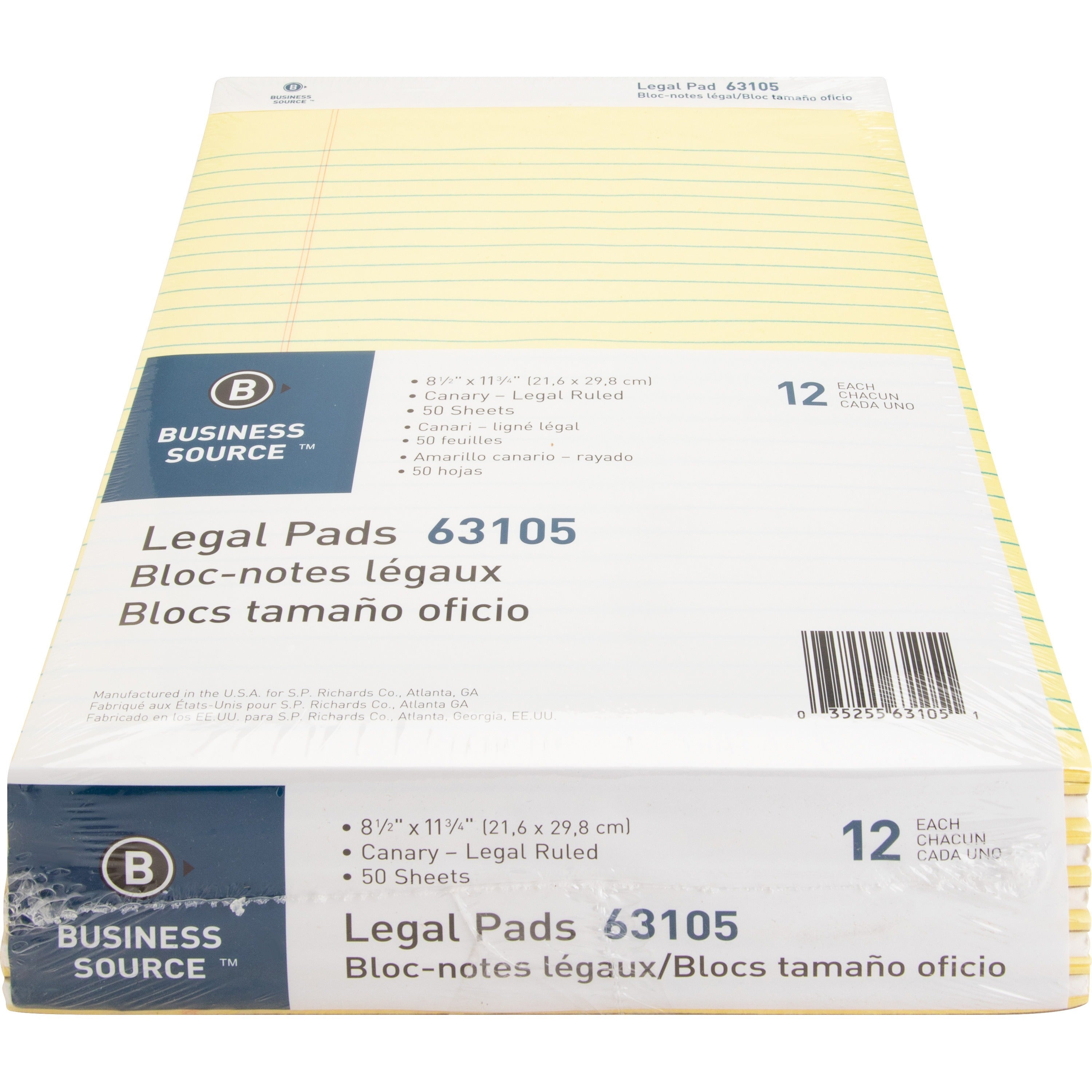 Business Source Micro-Perforated Legal Ruled Pads - 50 Sheets - 0.34" Ruled - 16 lb Basis Weight - 8 1/2" x 11 3/4" - Canary Paper - Micro Perforated, Easy Tear, Sturdy Back - 1 Dozen - 