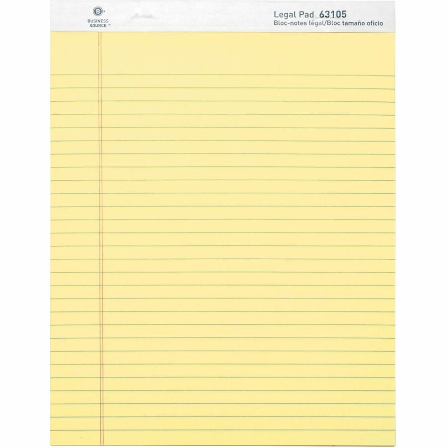 Business Source Micro-Perforated Legal Ruled Pads - 50 Sheets - 0.34" Ruled - 16 lb Basis Weight - 8 1/2" x 11 3/4" - Canary Paper - Micro Perforated, Easy Tear, Sturdy Back - 1 Dozen - 