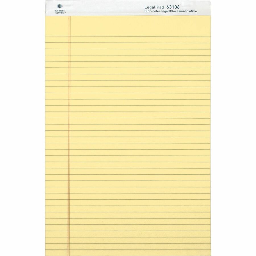 Business Source Legal Pads - 50 Sheets - 0.34" Ruled - 16 lb Basis Weight - Legal - 8 1/2" x 14" - Canary Paper - Micro Perforated, Easy Tear, Sturdy Back - 1 Dozen - 