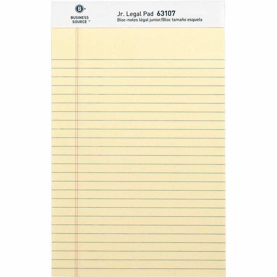 Business Source Writing Pads - 50 Sheets - 0.28" Ruled - 16 lb Basis Weight - Jr.Legal - 8" x 5" - Canary Paper - Micro Perforated, Easy Tear, Sturdy Back - 1 Dozen