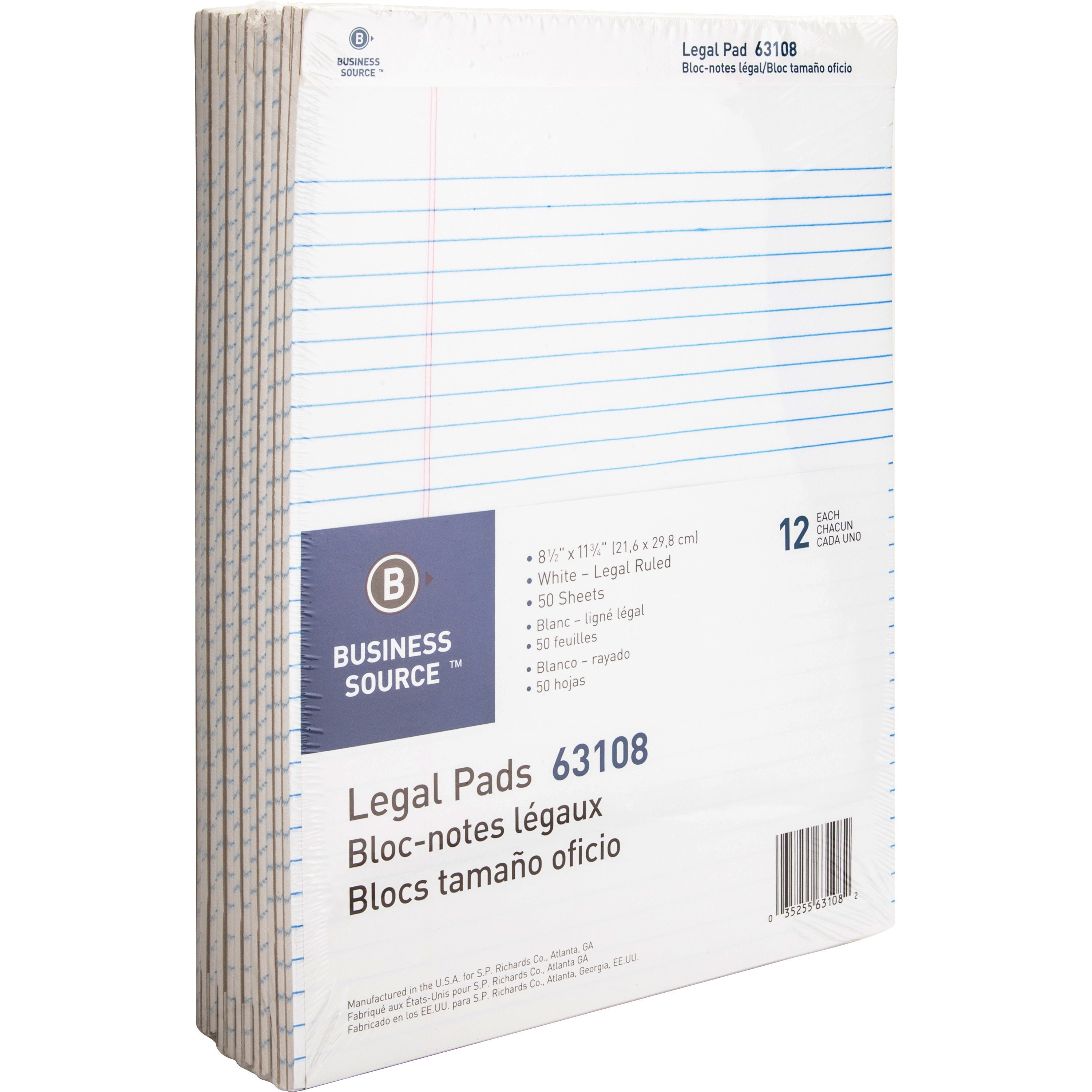 Business Source Micro-Perforated Legal Ruled Pads - 50 Sheets - 0.34" Ruled - 16 lb Basis Weight - 8 1/2" x 11 3/4" - White Paper - Micro Perforated, Easy Tear, Sturdy Back - 1 Dozen - 