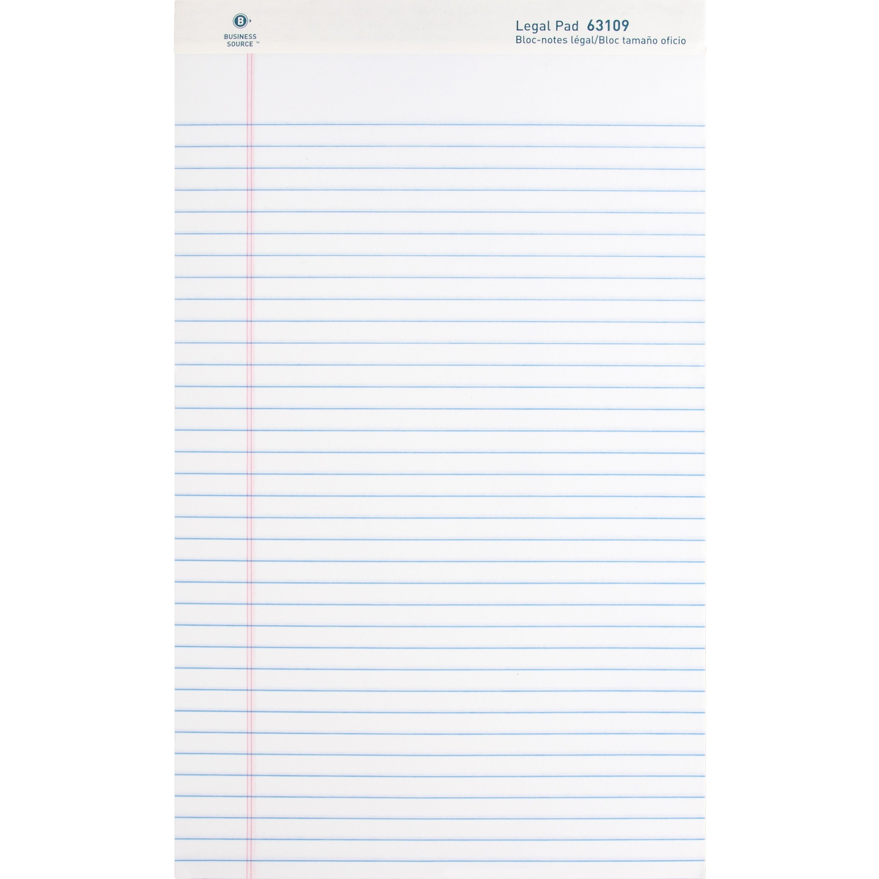Business Source Writing Pads - 50 Sheets - 0.34" Ruled - 16 lb Basis Weight - Legal - 8 1/2" x 14" - White Paper - Micro Perforated, Easy Tear, Sturdy Back - 1 Dozen - 