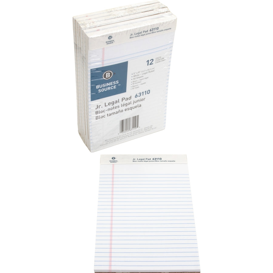 Business Source Writing Pads - 50 Sheets - 0.28" Ruled - 16 lb Basis Weight - Jr.Legal - 8" x 5" - White Paper - Micro Perforated, Easy Tear, Sturdy Back - 1 Dozen - 