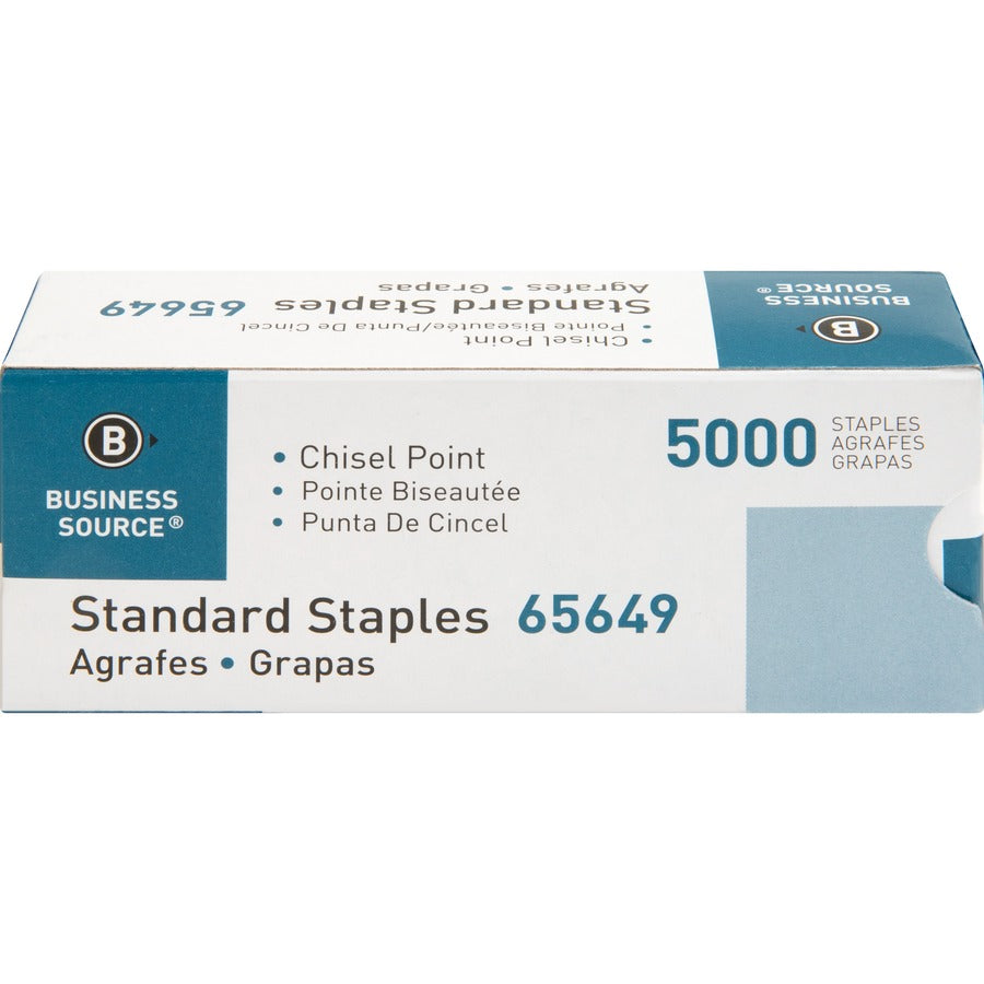 Business Source Standard Staples - 210 Per Strip - 1/4" Leg - 1/2" Crown - Holds 30 Sheet(s) - Chisel Point - Silver5000 / Box