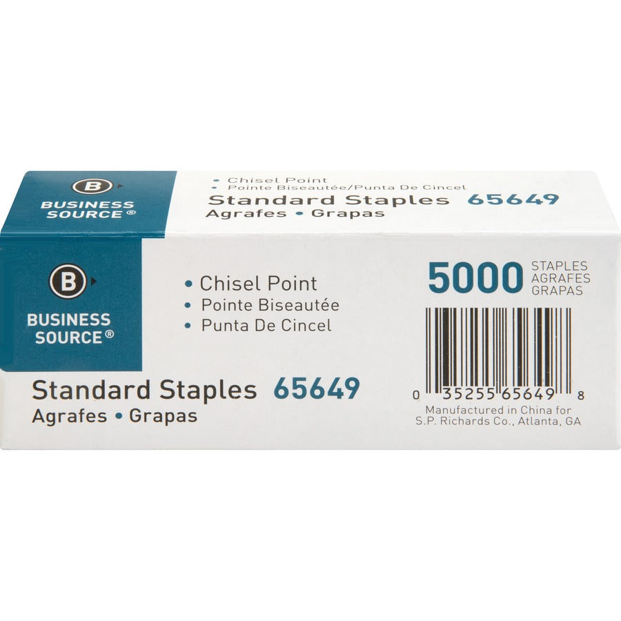 Business Source Standard Staples - 210 Per Strip - 1/4" Leg - 1/2" Crown - Holds 30 Sheet(s) - Chisel Point - Silver5000 / Box