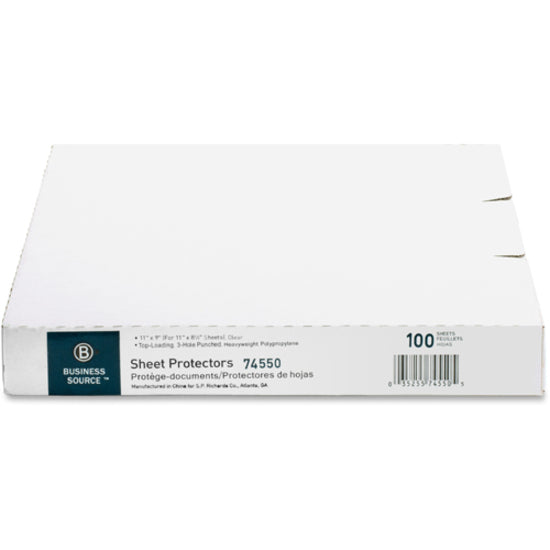 Business Source Top-Loading Poly Sheet Protectors - 3.3 mil Thickness - For Letter 8 1/2" x 11" Sheet - 3 x Holes - Ring Binder - Rectangular - Clear - Polypropylene - 100 / Box - 