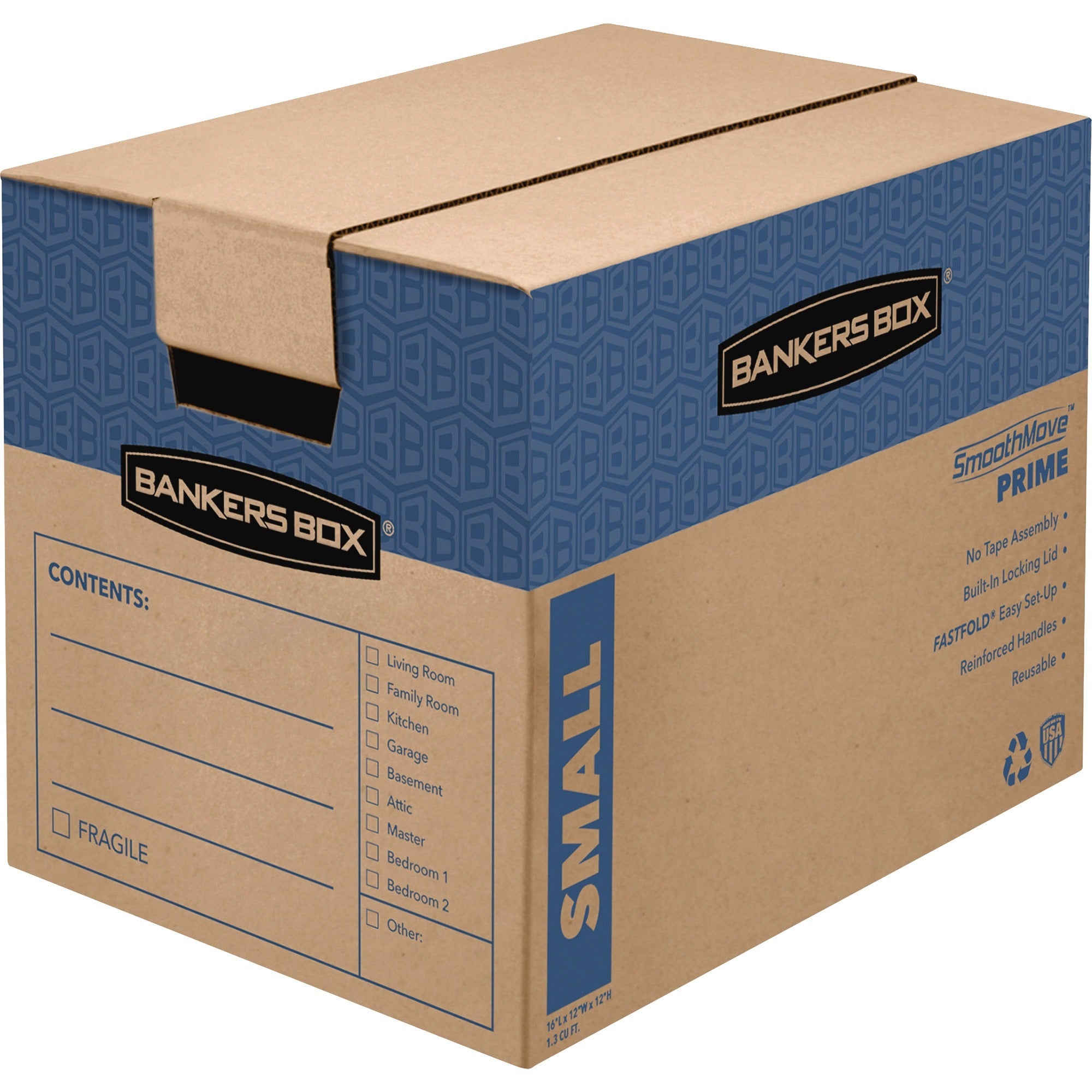 SmoothMove Prime Moving/Storage Boxes, Hinged Lid, Regular Slotted Container, Small, 12" x 16" x 12", Brown/Blue, 10/Carton