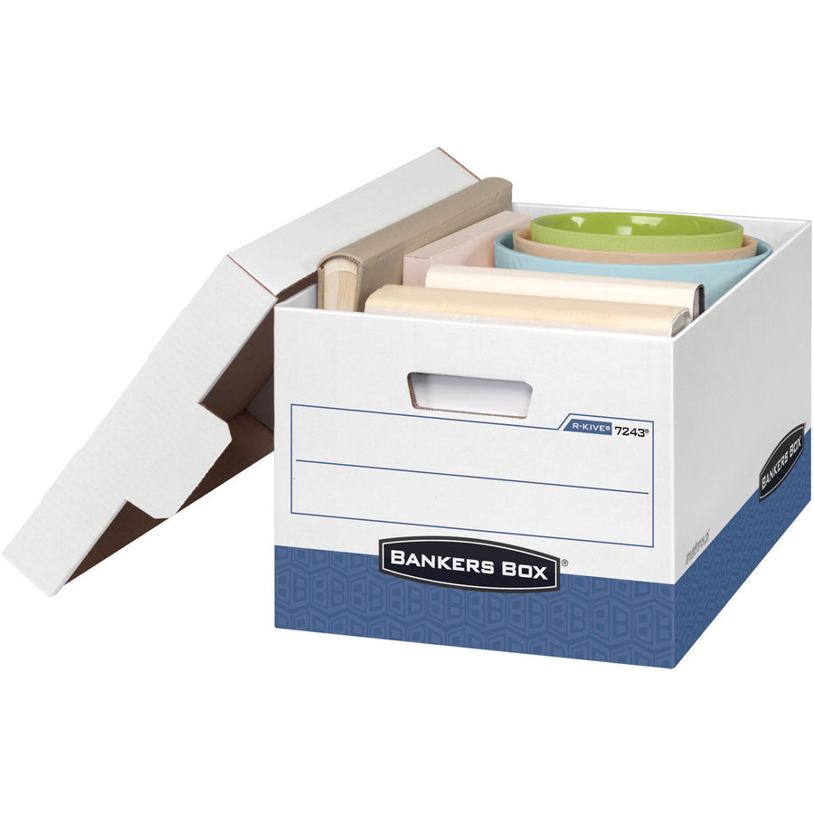 R-KIVE Heavy-Duty Storage Boxes, Letter/Legal Files, 12.75" x 16.5" x 10.38", White/Blue, 4/Carton