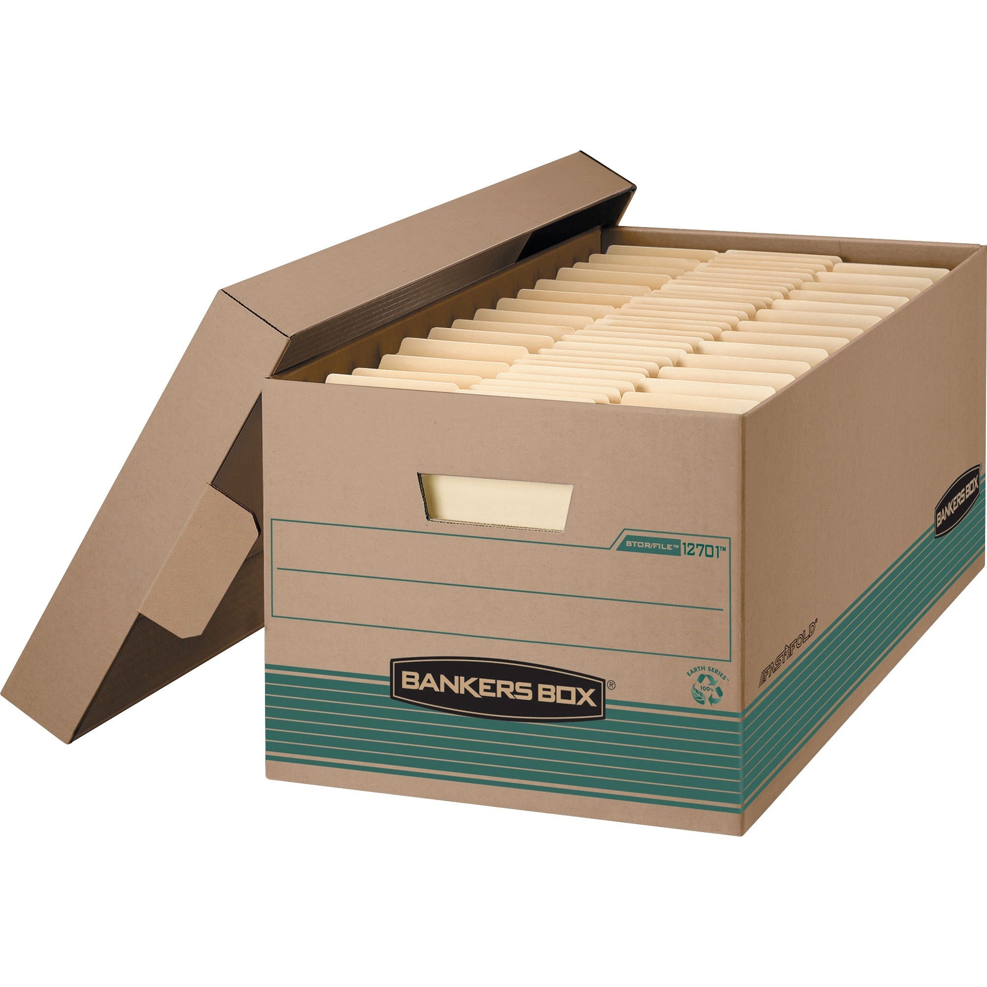 STOR/FILE Medium-Duty 100% Recycled Storage Boxes, Letter Files, 12.88" x 25.38" x 10.25", Kraft/Green, 12/Carton