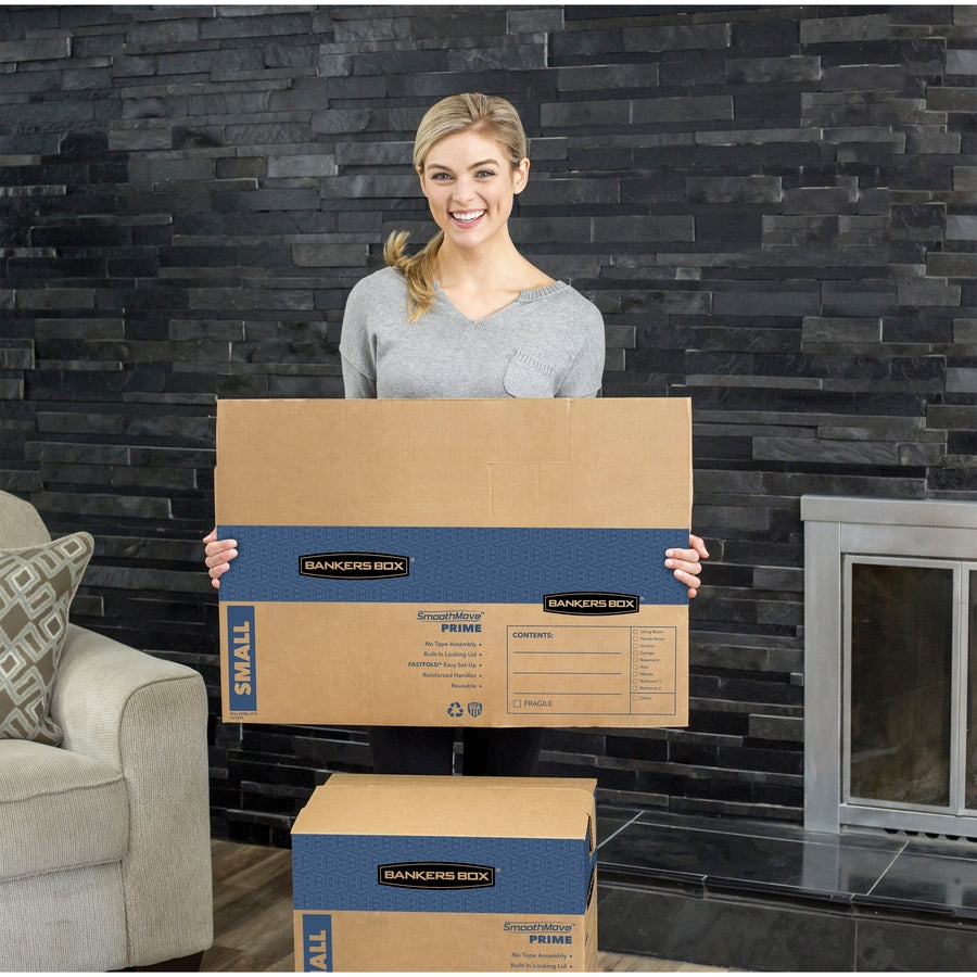 SmoothMove Prime Moving/Storage Boxes, Hinged Lid, Regular Slotted Container, Medium, 18" x 18" x 16", Brown/Blue, 8/Carton