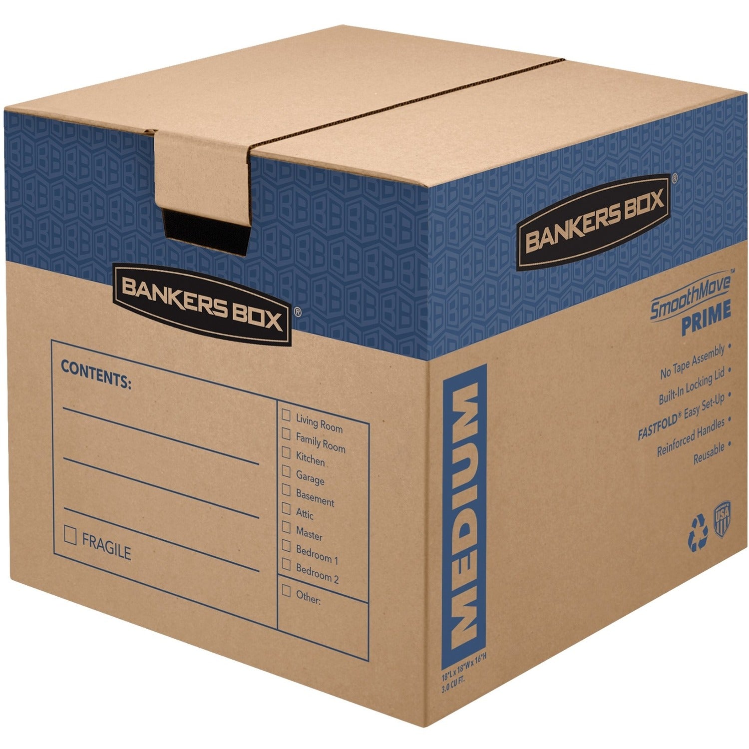 SmoothMove Prime Moving/Storage Boxes, Hinged Lid, Regular Slotted Container, Medium, 18" x 18" x 16", Brown/Blue, 8/Carton