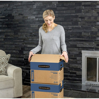 SmoothMove Prime Moving/Storage Boxes, Hinged Lid, Regular Slotted Container, Medium, 18" x 18" x 16", Brown/Blue, 8/Carton