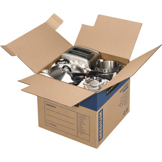 SmoothMove Prime Moving/Storage Boxes, Hinged Lid, Regular Slotted Container, Medium, 18" x 18" x 16", Brown/Blue, 8/Carton