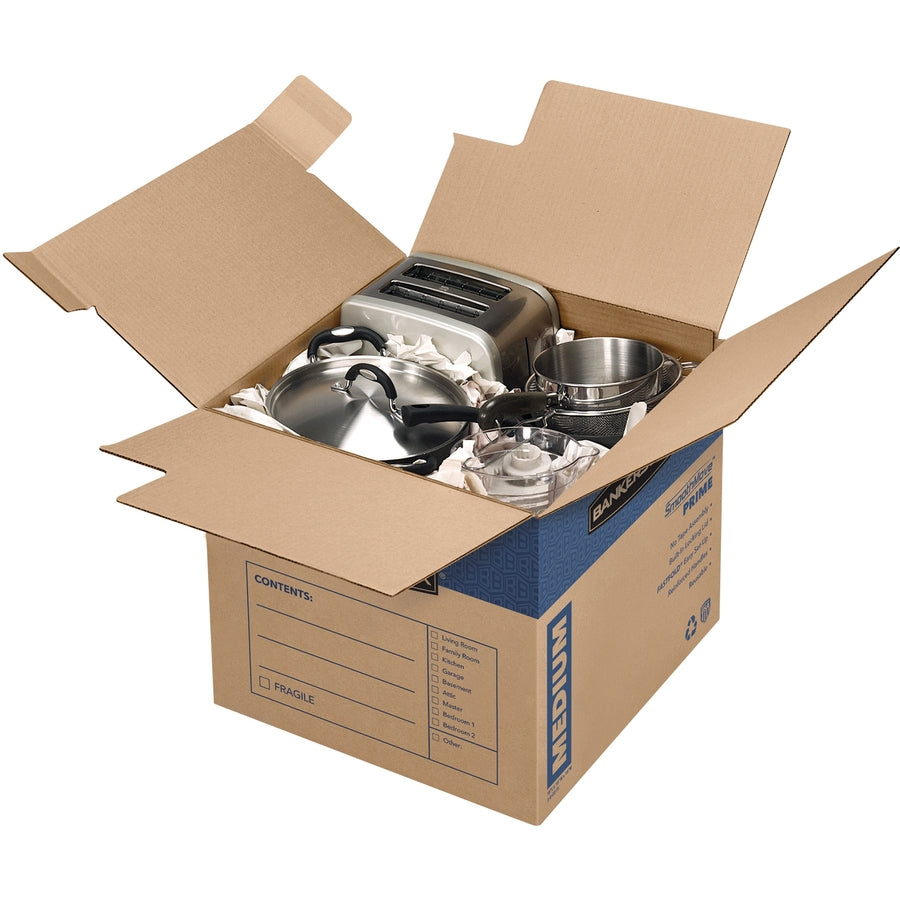SmoothMove Prime Moving/Storage Boxes, Hinged Lid, Regular Slotted Container, Medium, 18" x 18" x 16", Brown/Blue, 8/Carton