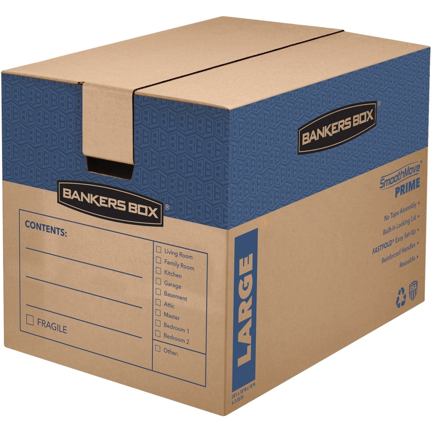 SmoothMove Prime Moving/Storage Boxes, Hinged Lid, Regular Slotted Container (RSC), 18" x 24" x 18", Brown/Blue, 6/Carton