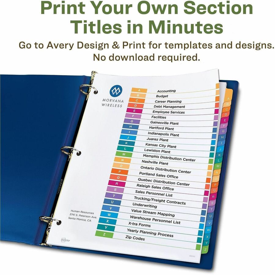Customizable Table of Contents Ready Index Dividers with Multicolor Tabs, 26-Tab, A to Z, 11 x 8.5, White, 1 Set