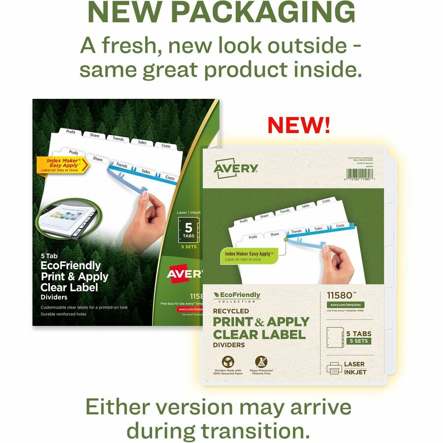 Index Maker EcoFriendly Print and Apply Clear Label Dividers with White Tabs, 5-Tab, 11 x 8.5, White, 5 Sets