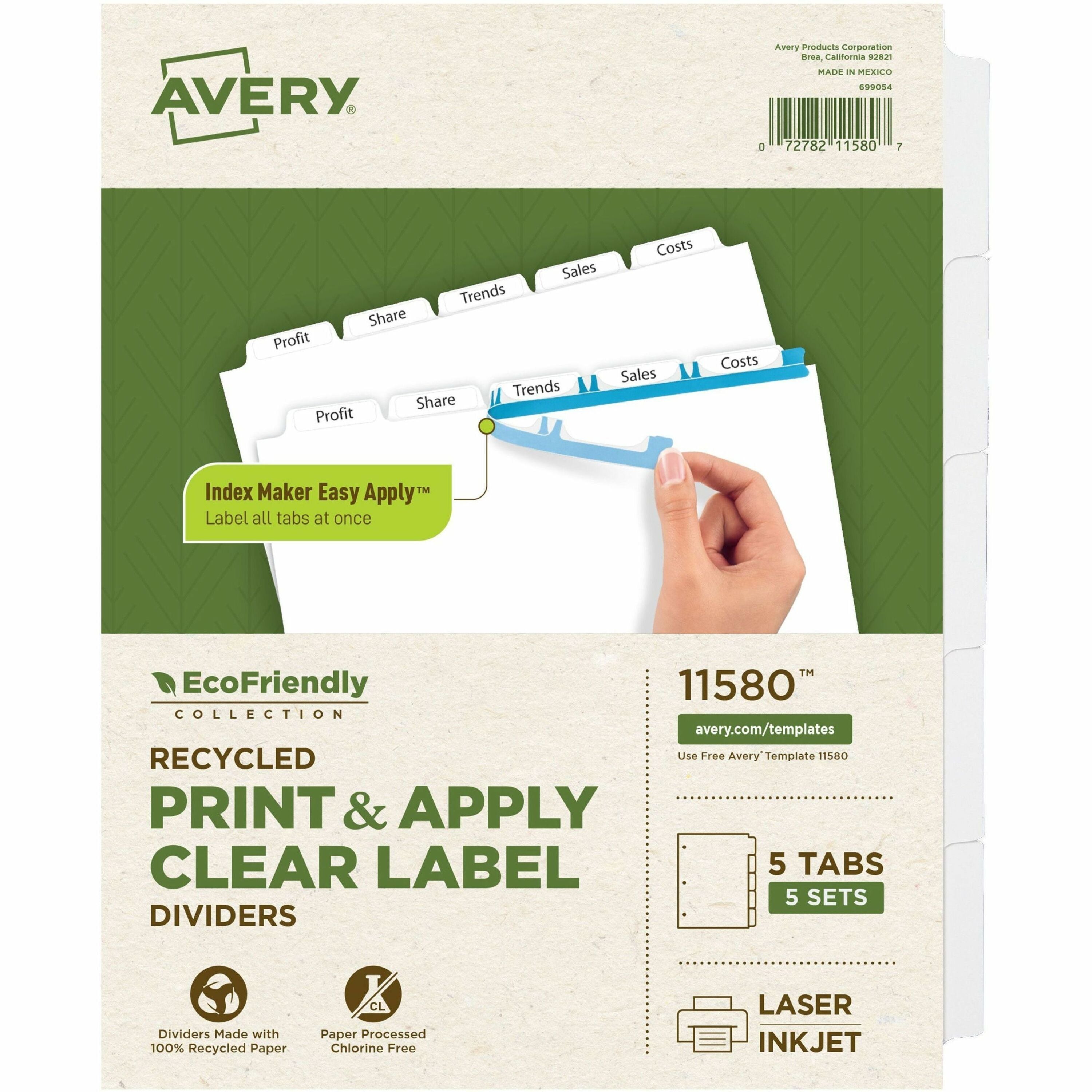 Index Maker EcoFriendly Print and Apply Clear Label Dividers with White Tabs, 5-Tab, 11 x 8.5, White, 5 Sets