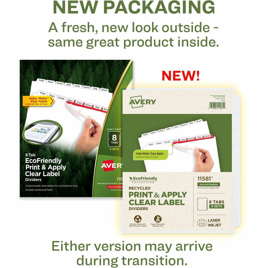 Index Maker EcoFriendly Print and Apply Clear Label Dividers with White Tabs, 8-Tab, 11 x 8.5, White, 5 Sets