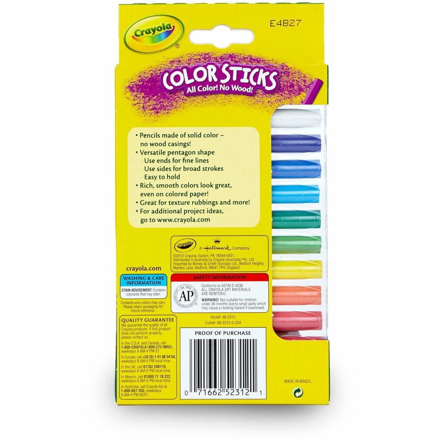 Crayola 12 Color Sticks Woodless Colored Pencils - Red, Red Orange, Orange, Yellow, Yellow Green, Green, Sky Blue, Blue, Violet, Brown, Black, ... Lead - 12 / Set