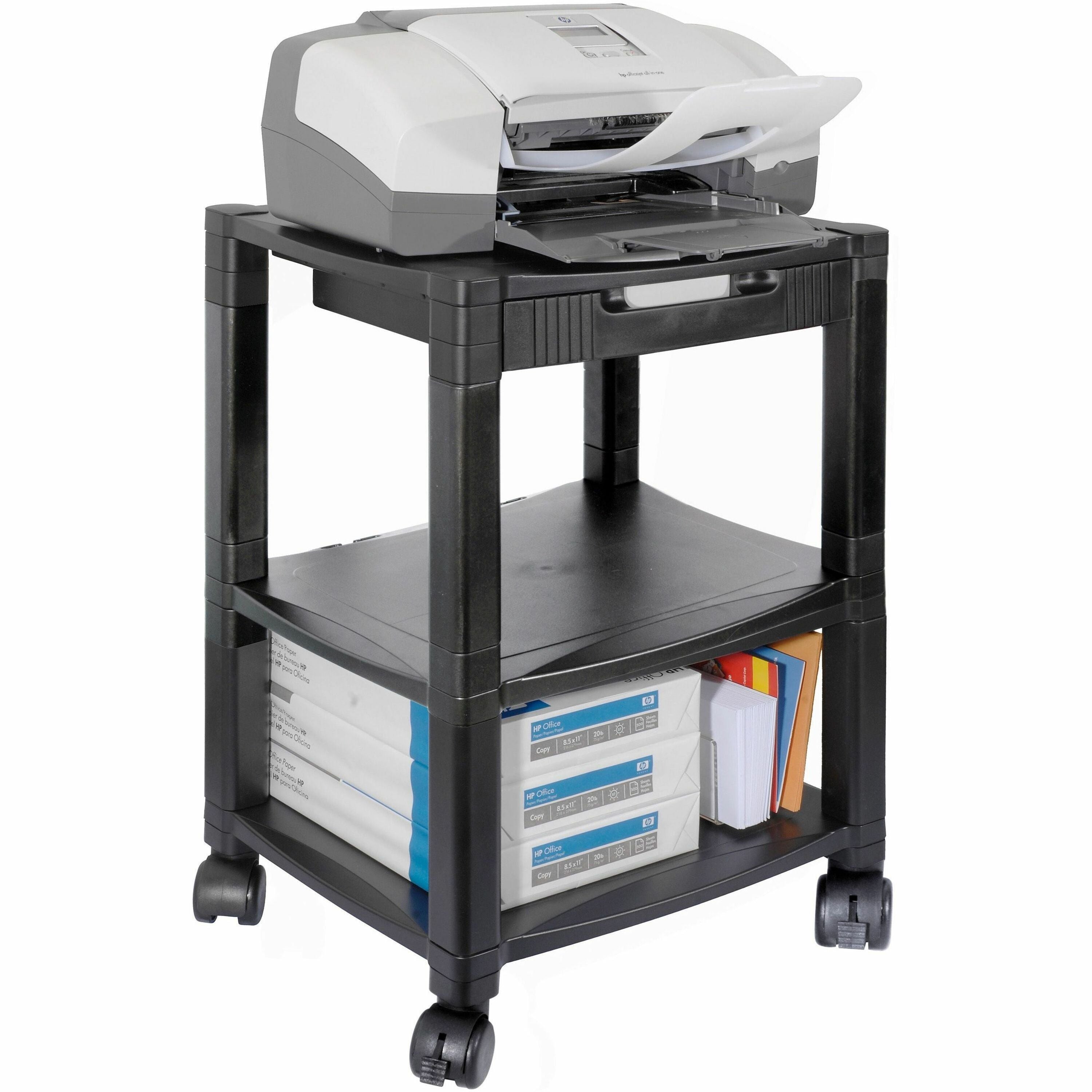 Height-Adjustable Deskside Printer Cart, Plastic, 3 Shelves, 1 Drawer, 75 lb Capacity, 17" x 13.25" x 24.5", Black