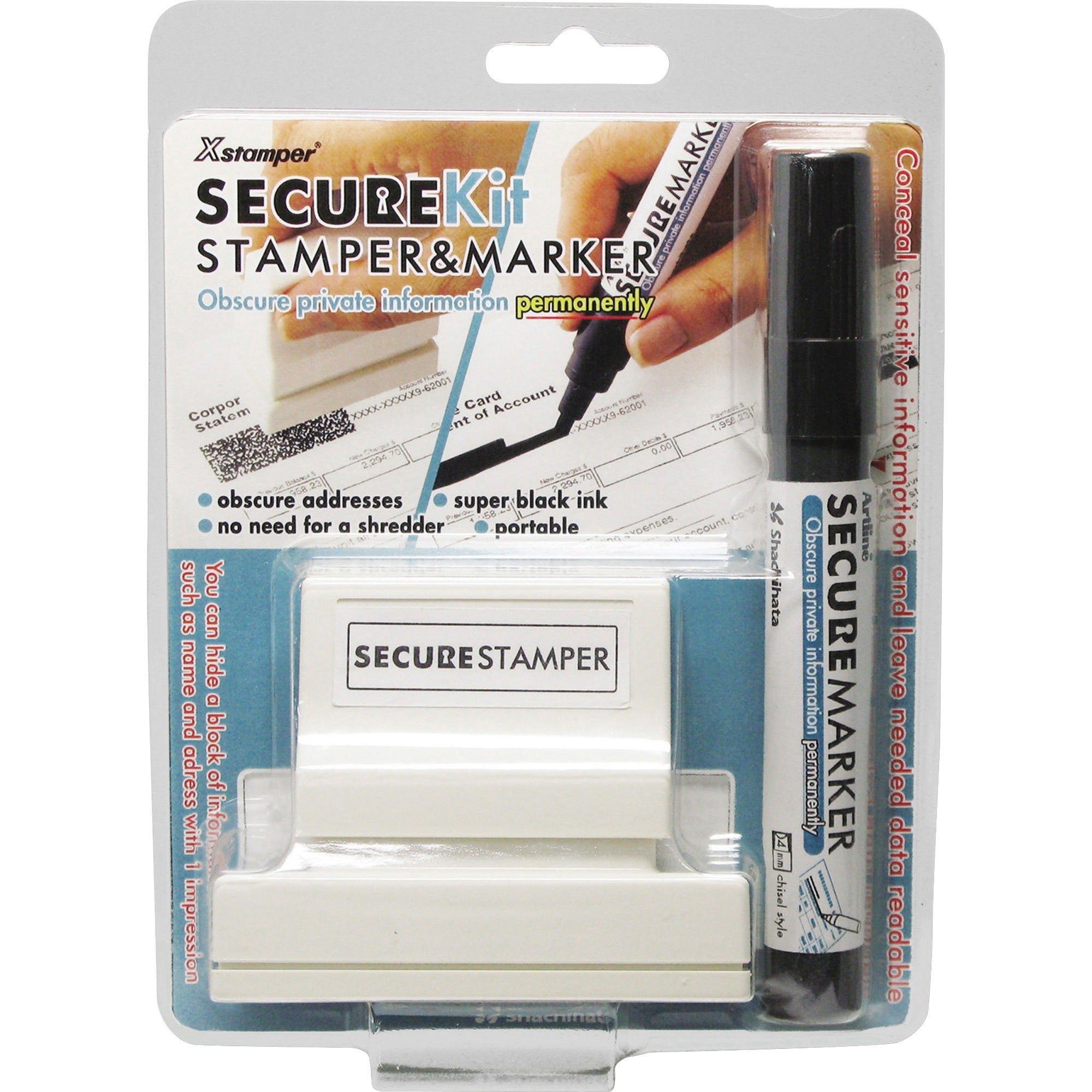 Xstamper Secure Privacy Stamp Kit - 1" Impression Width x 2.65" Impression Length - Black - 1 / Pack - 