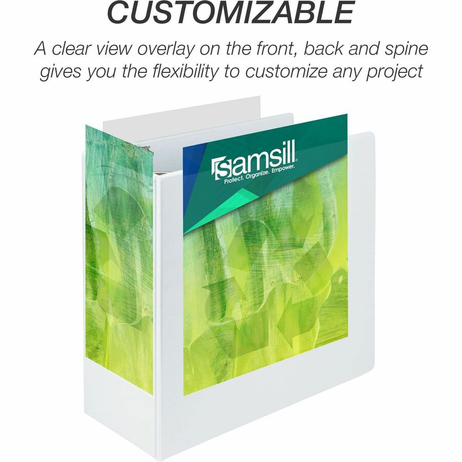Samsill Earth's Choice Plant-based Durable View Binder - 5" Binder Capacity - Letter - 8 1/2" x 11" Sheet Size - 1070 Sheet Capacity - D-Ring Fastener(s) - 2 Pocket(s) - Plastic, Chipboard - White - 1.76 lb - Recycled - Archival-safe, Clear Overlay,