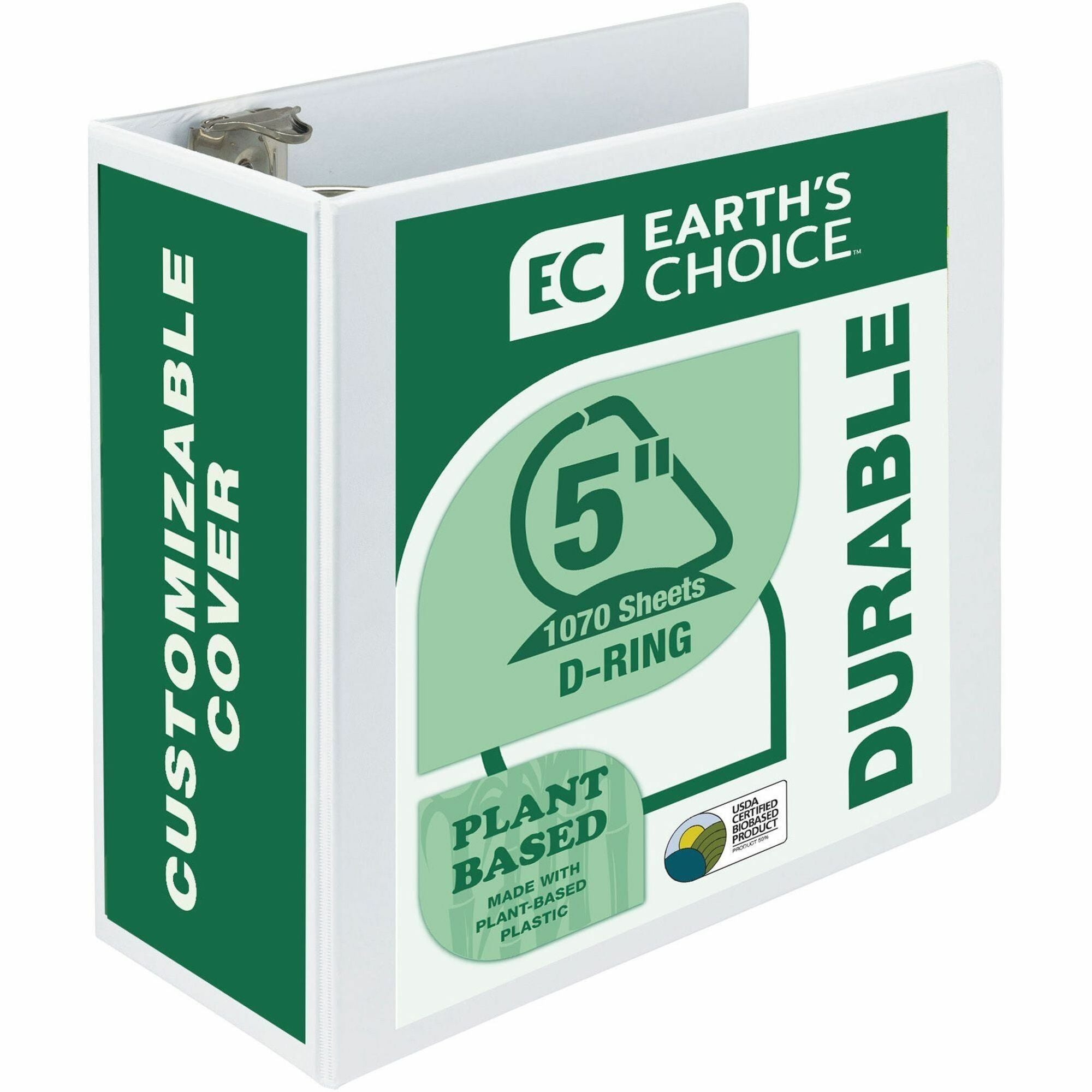 Samsill Earth's Choice Plant-based Durable View Binder - 5" Binder Capacity - Letter - 8 1/2" x 11" Sheet Size - 1070 Sheet Capacity - D-Ring Fastener(s) - 2 Pocket(s) - Plastic, Chipboard - White - 1.76 lb - Recycled - Archival-safe, Clear Overlay,
