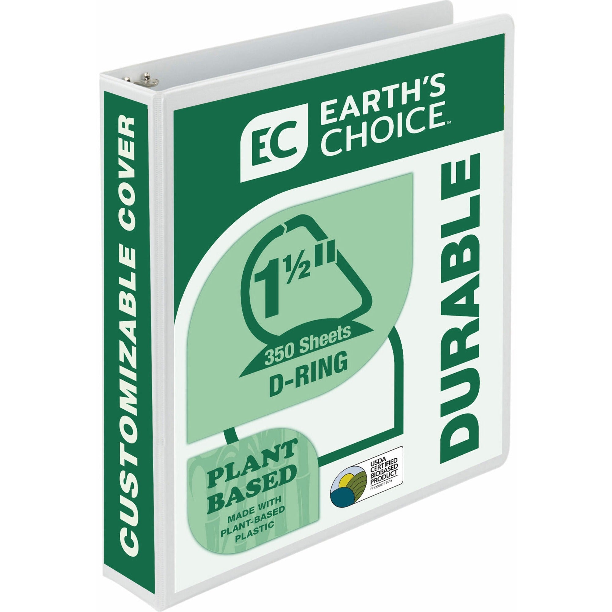 Earth's Choice Plant-Based D-Ring View Binder, 3 Rings, 1.5" Capacity, 11 x 8.5, White