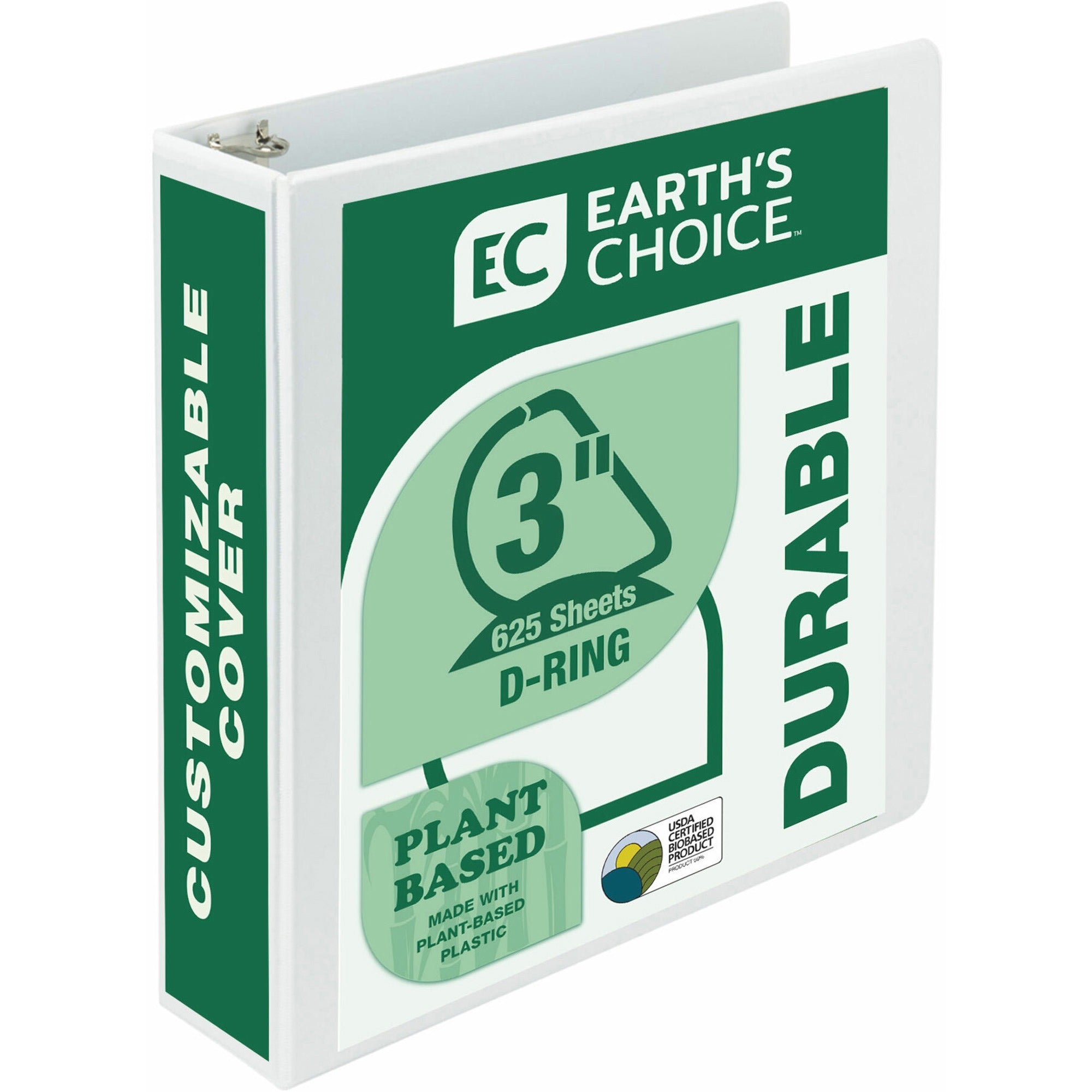 Earth's Choice Plant-Based D-Ring View Binder, 3 Rings, 3" Capacity, 11 x 8.5, White