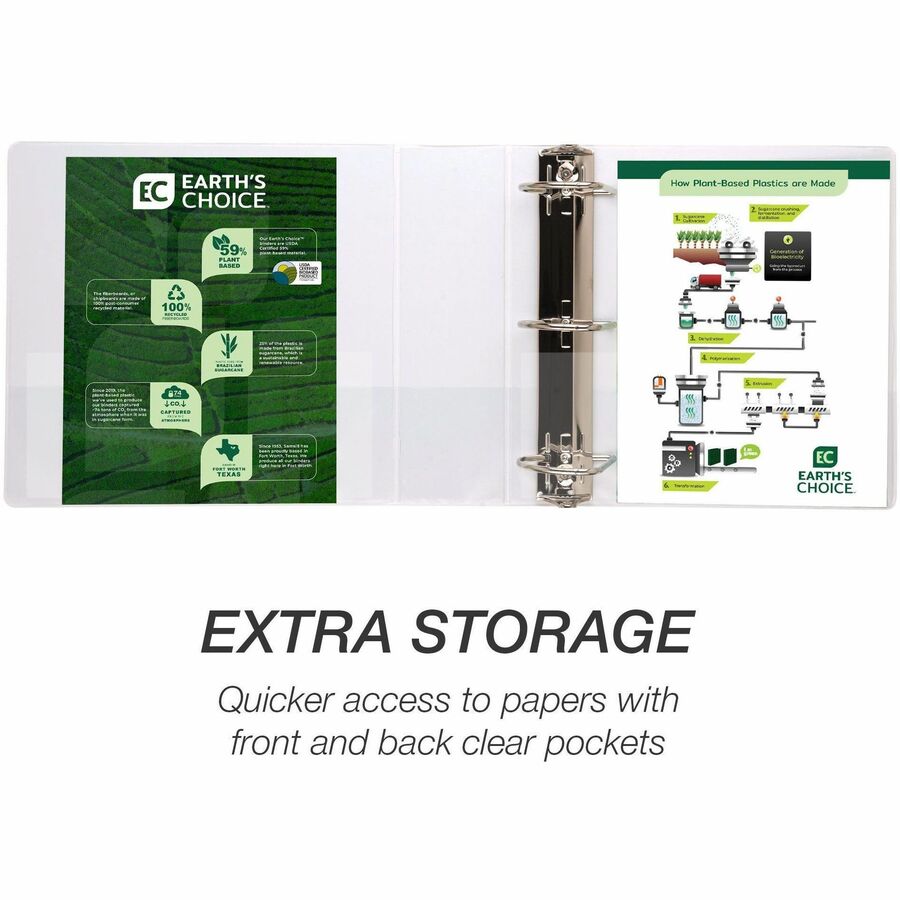 Samsill Earth's Choice Plant-based Durable View Binder - 4" Binder Capacity - Letter - 8 1/2" x 11" Sheet Size - 775 Sheet Capacity - D-Ring Fastener(s) - 2 Pocket(s) - Plastic, Chipboard - White - 1.45 lb - Recycled - Archival-safe, Clear Overlay, R - 3