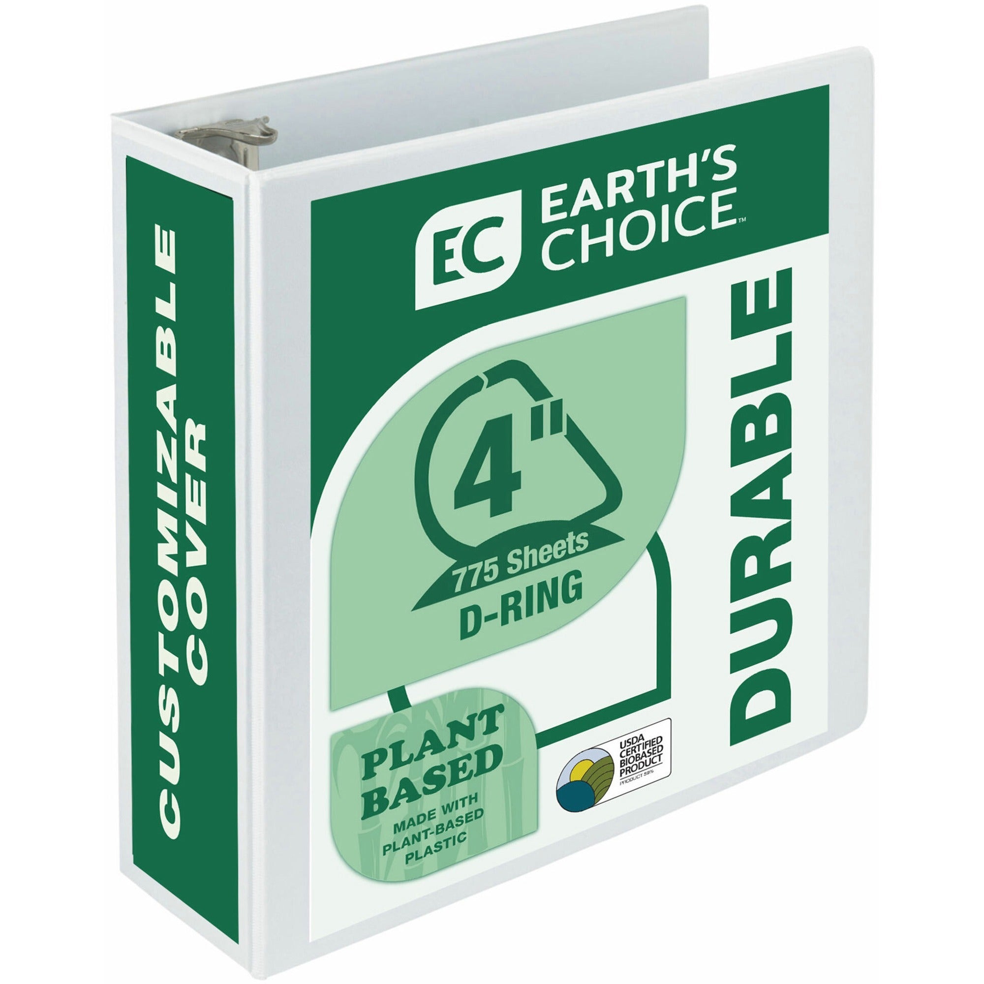 Samsill Earth's Choice Plant-based Durable View Binder - 4" Binder Capacity - Letter - 8 1/2" x 11" Sheet Size - 775 Sheet Capacity - D-Ring Fastener(s) - 2 Pocket(s) - Plastic, Chipboard - White - 1.45 lb - Recycled - Archival-safe, Clear Overlay, R - 1