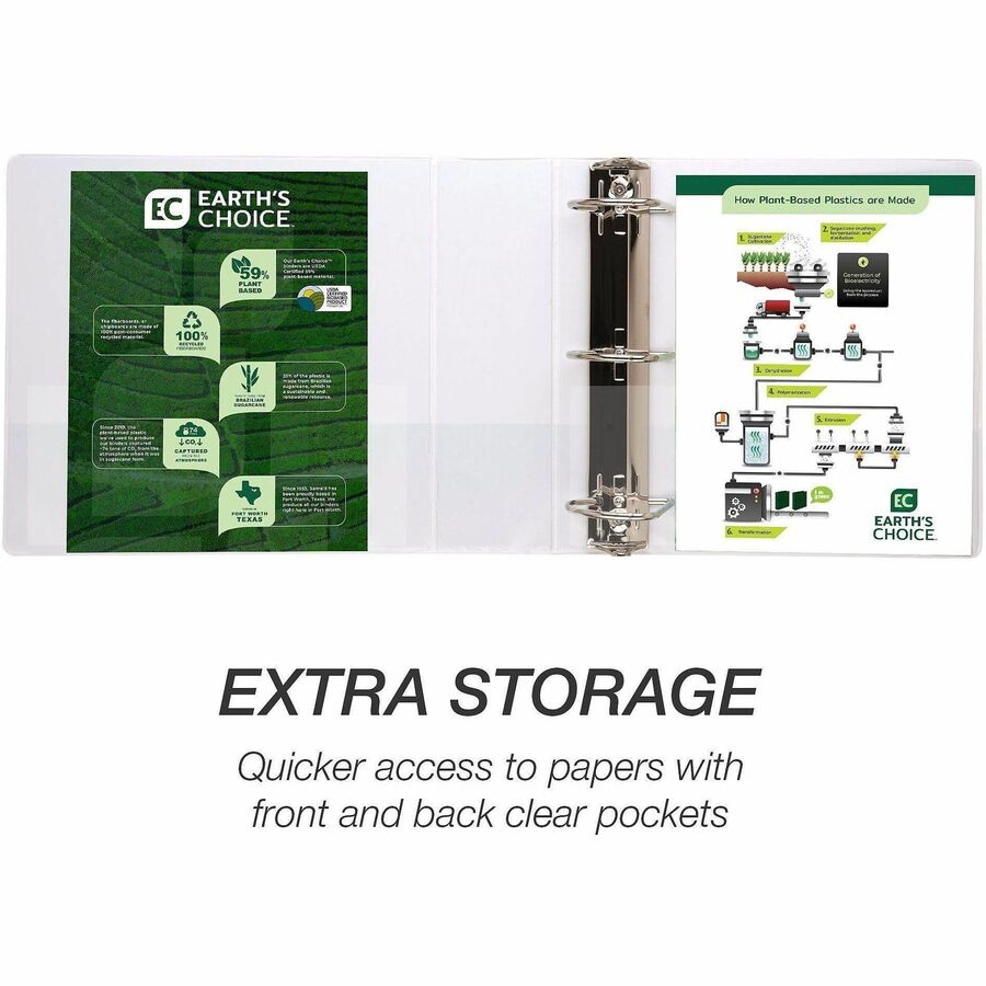 Samsill Earth's Choice Plant-based Durable View Binder - 4" Binder Capacity - Letter - 8 1/2" x 11" Sheet Size - 775 Sheet Capacity - D-Ring Fastener(s) - 2 Pocket(s) - Plastic, Chipboard - White - 1.45 lb - Recycled - Archival-safe, Clear Overlay, R