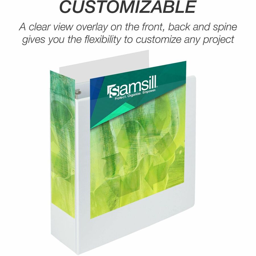 Samsill Earth's Choice Plant-based Durable View Binder - 4" Binder Capacity - Letter - 8 1/2" x 11" Sheet Size - 775 Sheet Capacity - D-Ring Fastener(s) - 2 Pocket(s) - Plastic, Chipboard - White - 1.45 lb - Recycled - Archival-safe, Clear Overlay, R
