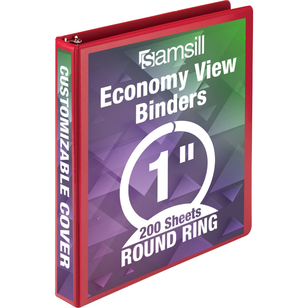 Samsill Economy 1" Round Ring View Binders - 1" Binder Capacity - Letter - 8 1/2" x 11" Sheet Size - 200 Sheet Capacity - 3 x Round Ring Fastener(s) - 2 Internal Pocket(s) - Chipboard, Polypropylene - Red - 10.72 oz - Recycled - Exposed Rivet, Clear