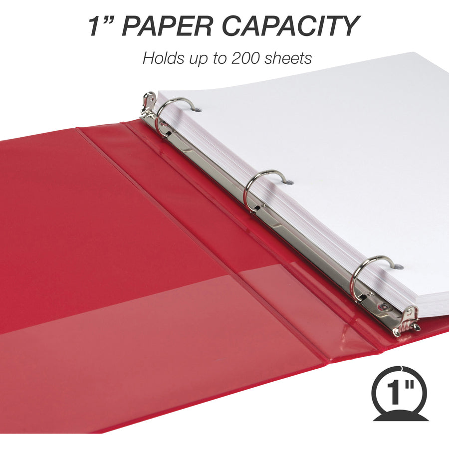 Samsill Economy 1" Round Ring View Binders - 1" Binder Capacity - Letter - 8 1/2" x 11" Sheet Size - 200 Sheet Capacity - 3 x Round Ring Fastener(s) - 2 Internal Pocket(s) - Chipboard, Polypropylene - Red - 10.72 oz - Recycled - Exposed Rivet, Clear - 