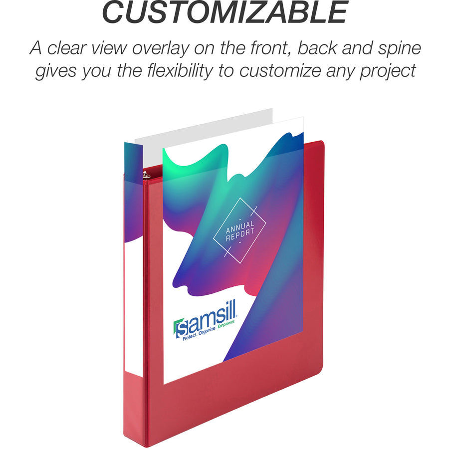 Samsill Economy 1" Round Ring View Binders - 1" Binder Capacity - Letter - 8 1/2" x 11" Sheet Size - 200 Sheet Capacity - 3 x Round Ring Fastener(s) - 2 Internal Pocket(s) - Chipboard, Polypropylene - Red - 10.72 oz - Recycled - Exposed Rivet, Clear - 