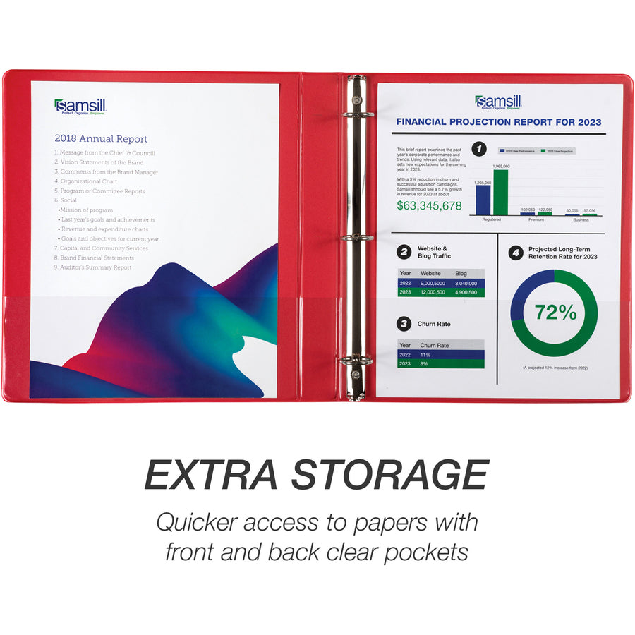 Samsill Economy 1" Round Ring View Binders - 1" Binder Capacity - Letter - 8 1/2" x 11" Sheet Size - 200 Sheet Capacity - 3 x Round Ring Fastener(s) - 2 Internal Pocket(s) - Chipboard, Polypropylene - Red - 10.72 oz - Recycled - Exposed Rivet, Clear