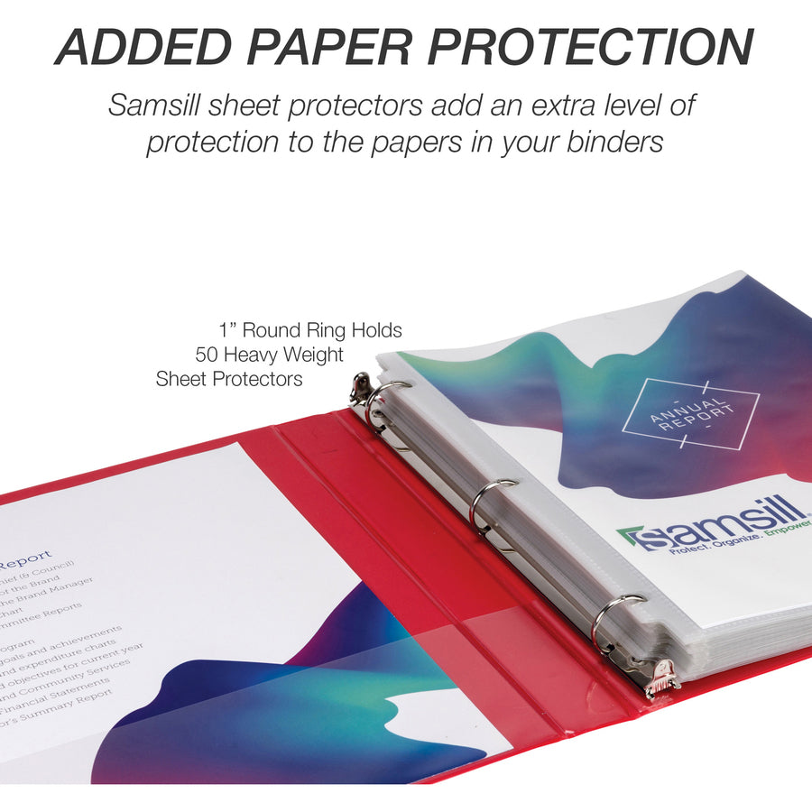 Samsill Economy 1" Round Ring View Binders - 1" Binder Capacity - Letter - 8 1/2" x 11" Sheet Size - 200 Sheet Capacity - 3 x Round Ring Fastener(s) - 2 Internal Pocket(s) - Chipboard, Polypropylene - Red - 10.72 oz - Recycled - Exposed Rivet, Clear - 