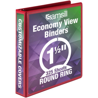 Samsill Economy 1-1/2" Round Ring View Binders - 1 1/2" Binder Capacity - Letter - 8 1/2" x 11" Sheet Size - 350 Sheet Capacity - 3 x Round Ring Fastener(s) - 2 Internal Pocket(s) - Polypropylene, Chipboard - Red - 14.72 oz - Recycled - Exposed Rivet - 