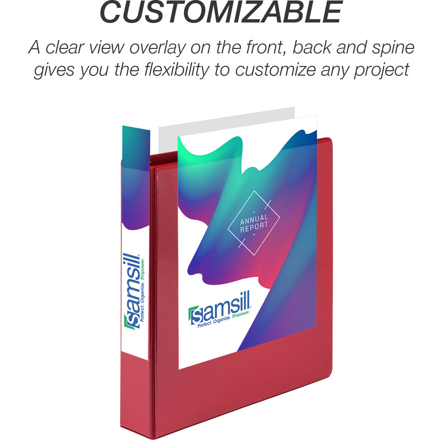 Samsill Economy 1-1/2" Round Ring View Binders - 1 1/2" Binder Capacity - Letter - 8 1/2" x 11" Sheet Size - 350 Sheet Capacity - 3 x Round Ring Fastener(s) - 2 Internal Pocket(s) - Polypropylene, Chipboard - Red - 14.72 oz - Recycled - Exposed Rivet - 